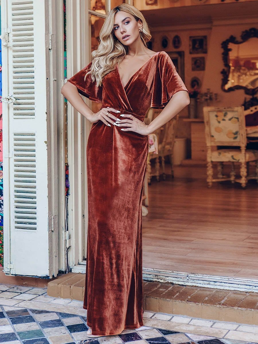 Chic Double V Neck Velvet Party Dress with Ruffled Sleeves