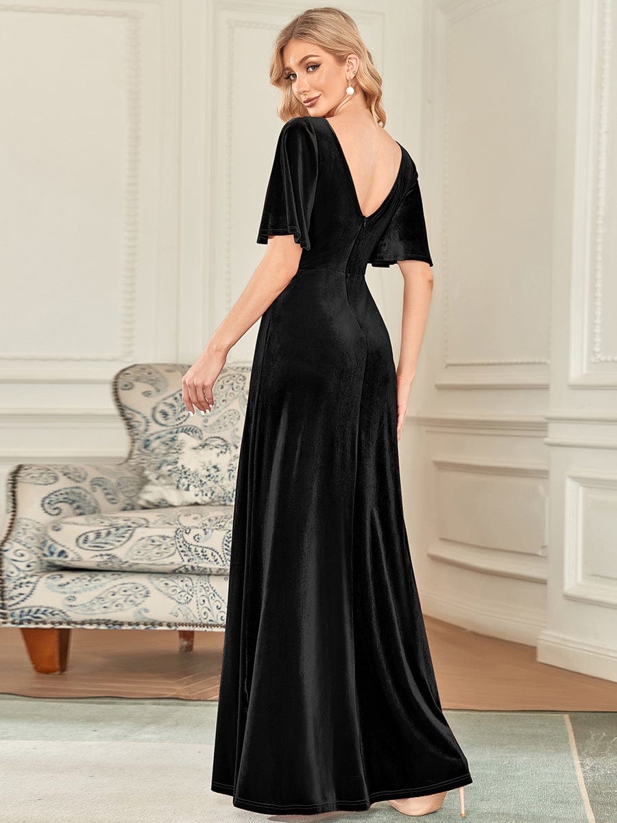 Chic Double V Neck Velvet Party Dress with Ruffled Sleeves