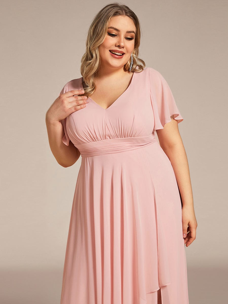 Chiffon Evening Dress with Ruffles Sleeve and Lotus Leaf High Slit