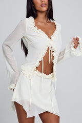 V Neck Ruffled Drawstring Tie Top Mini Skirt Party 2pcs Set-White Pre Order