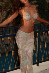 Pattern Print Pearls Chain Decor Crop Top Maxi Skirt 2pcs Set Beige