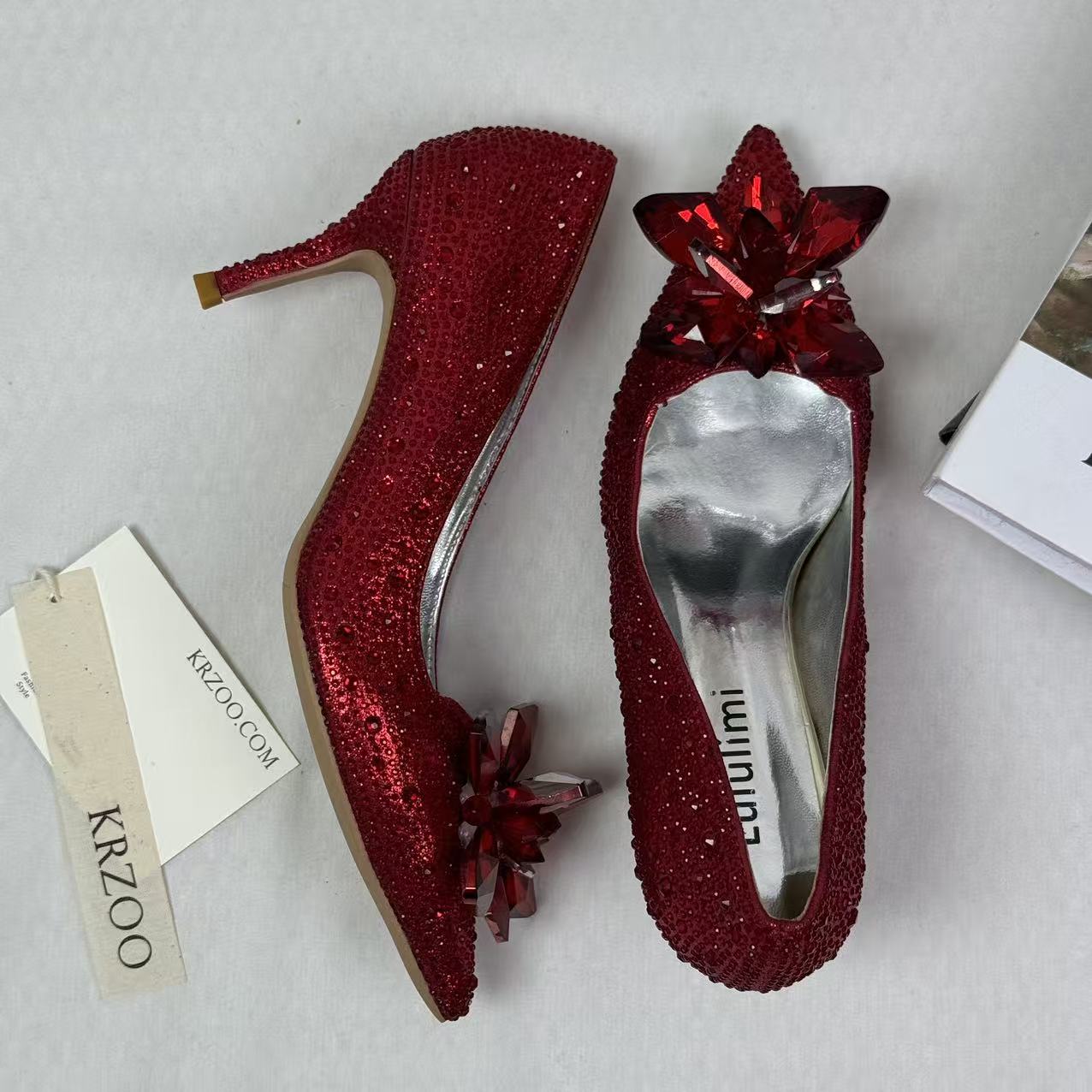 Pointed-toe rhinestone high heels