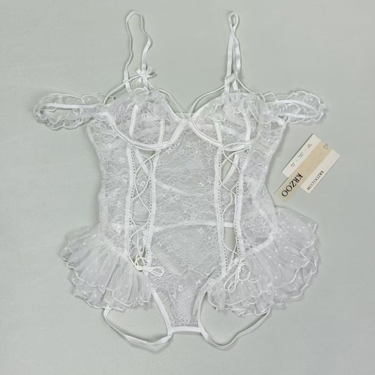 Backless and low-cut one-piece net-sheer uniform set