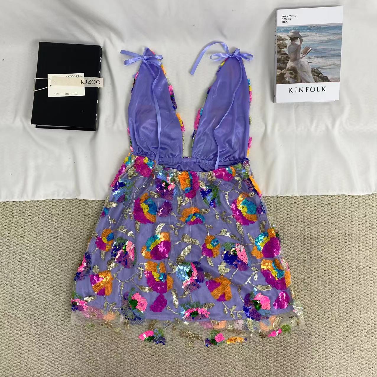 Deep V-Neck Sequined Mini Dress