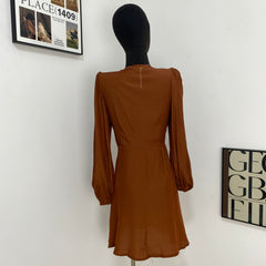 Lantern Sleeve V-Neck Tie Dress