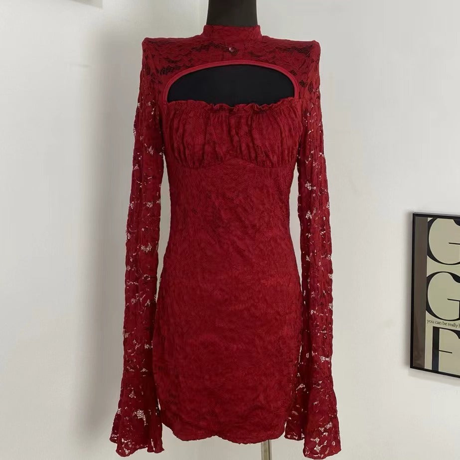 Jacquard Lace Flared Sleeve Dress