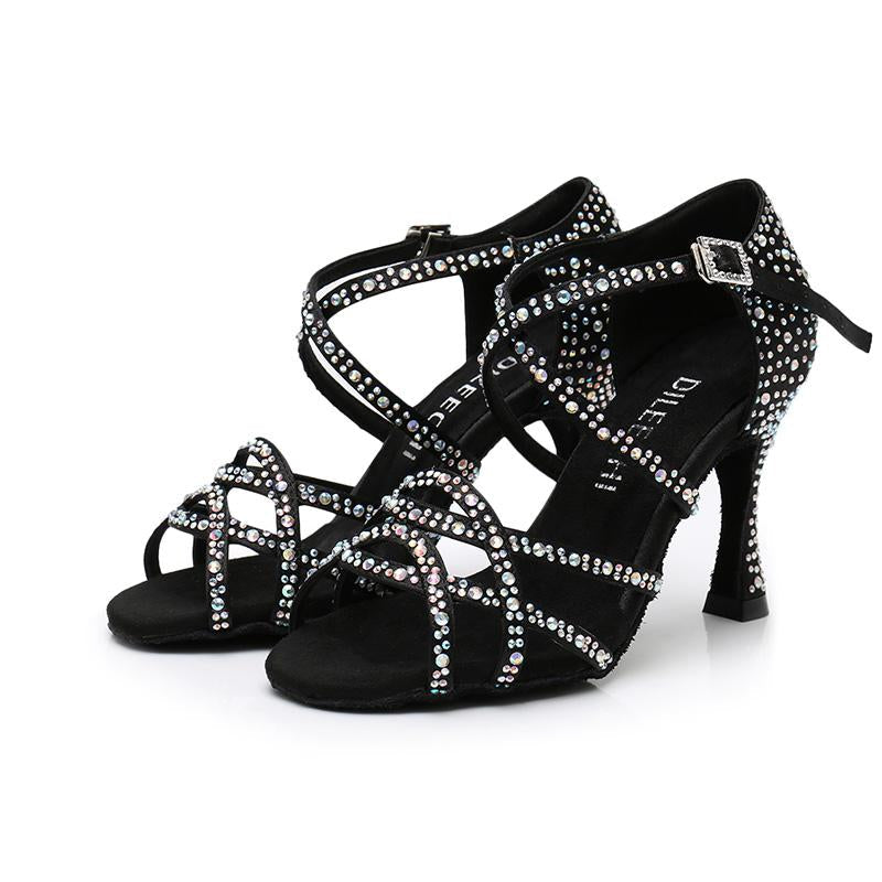 Women's Black Satin Rhinestone Customized Heels Ballroom Latin Dance Shoes