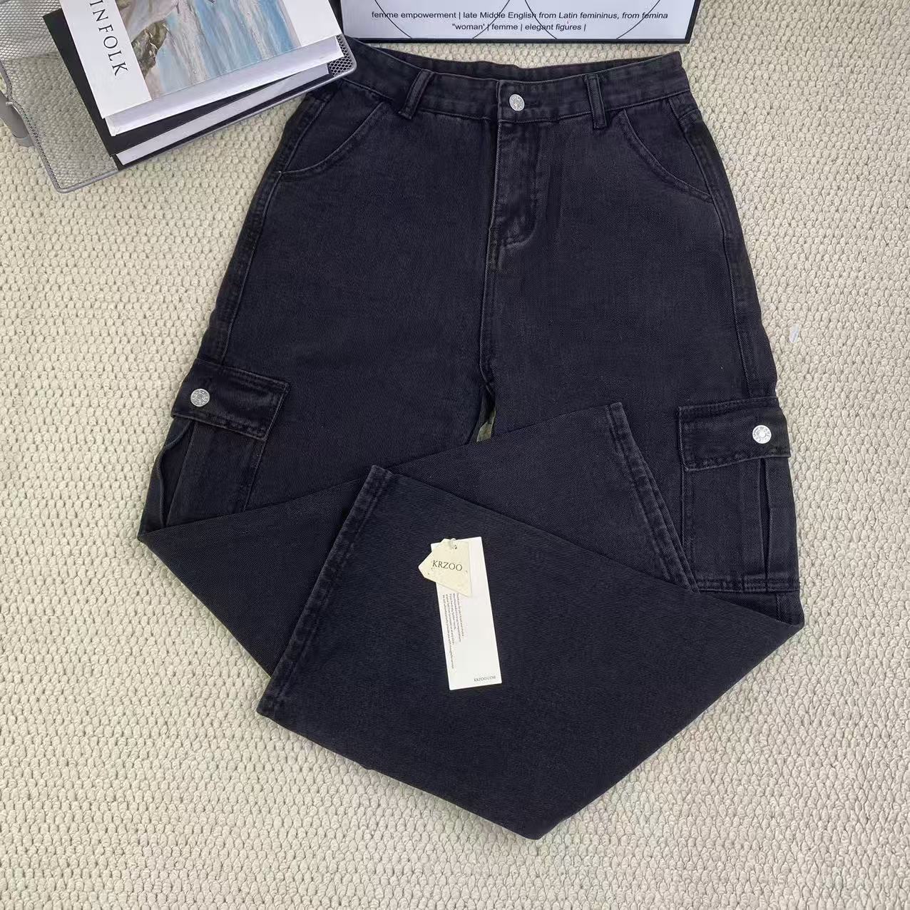 Washed multi-pocket straight-leg work pants