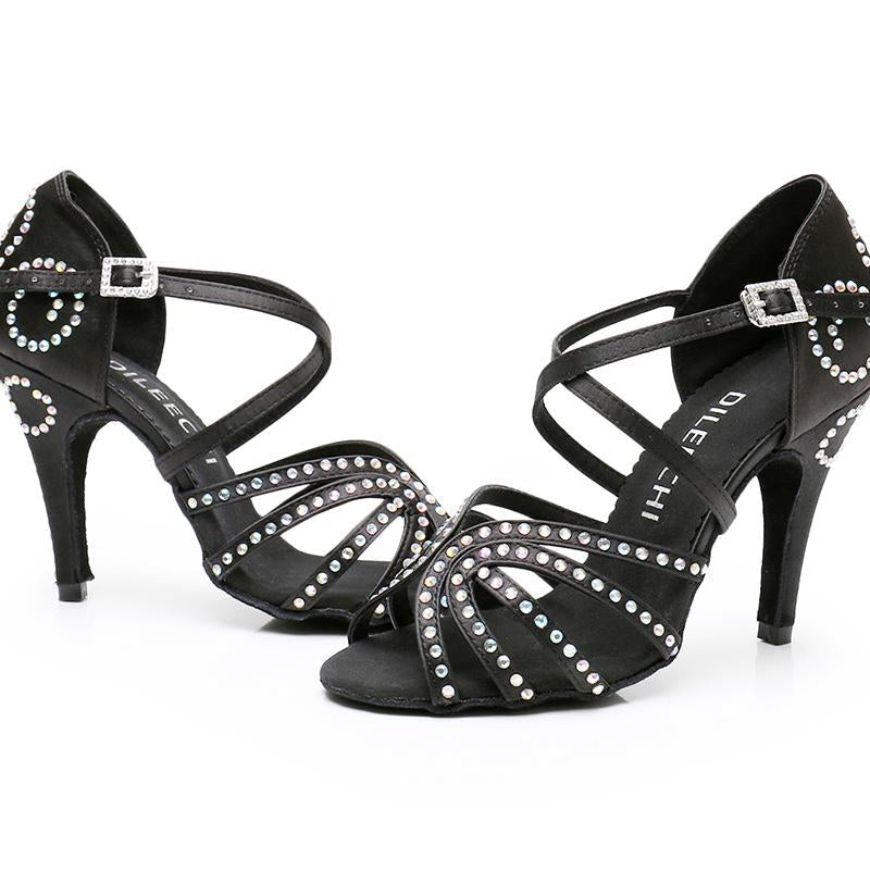 Women's Black Customized Heel Satin Rhinestones Strappy Ballroom Latin Dance Shoes
