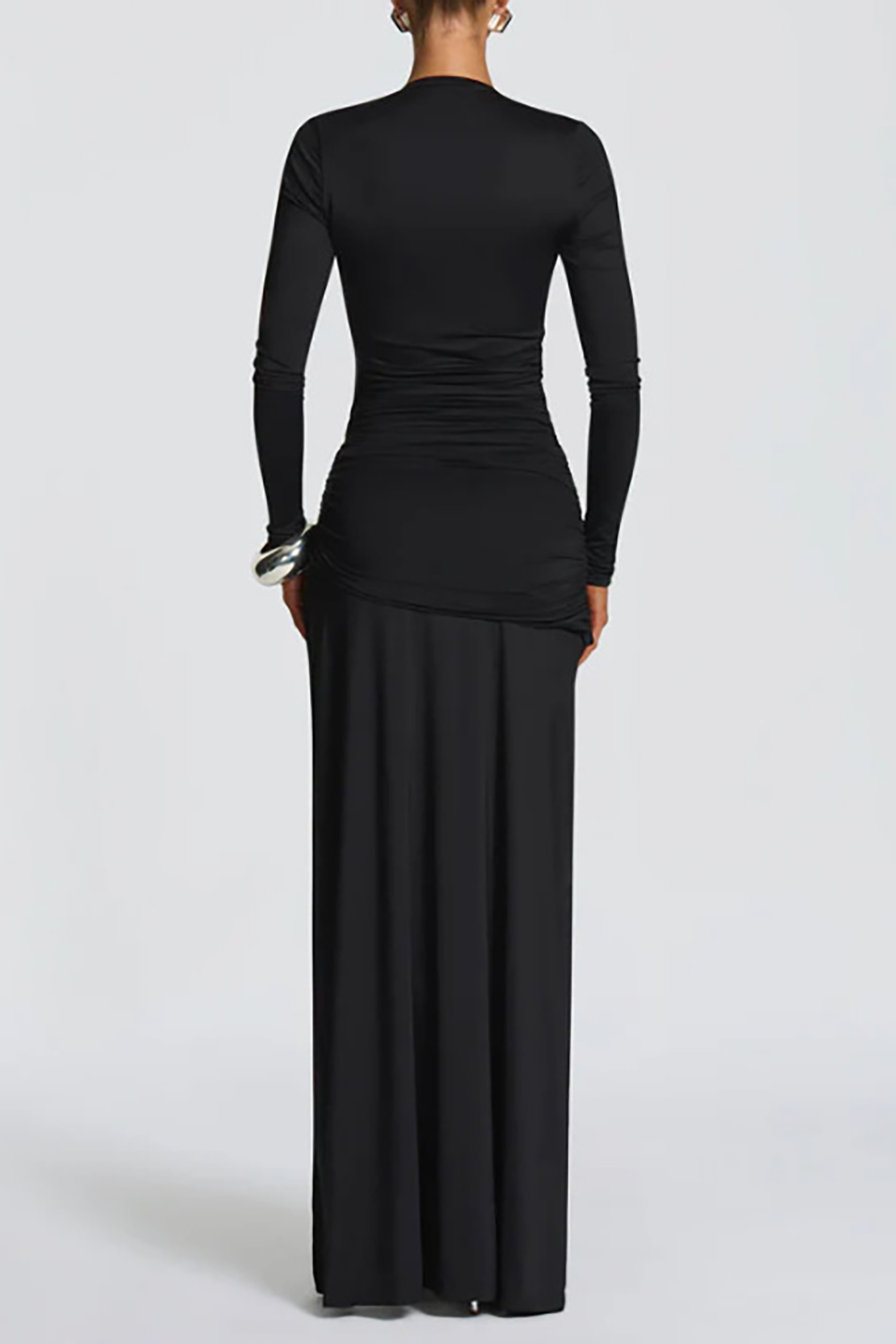 Deep V Neck Long Sleeve Ruched Slim Fit High Slit Maxi Dresses-Black