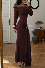 Boat Neck Long Sleeve Ruched Streamer Solid Color Maxi Dresses-ReddishBrown