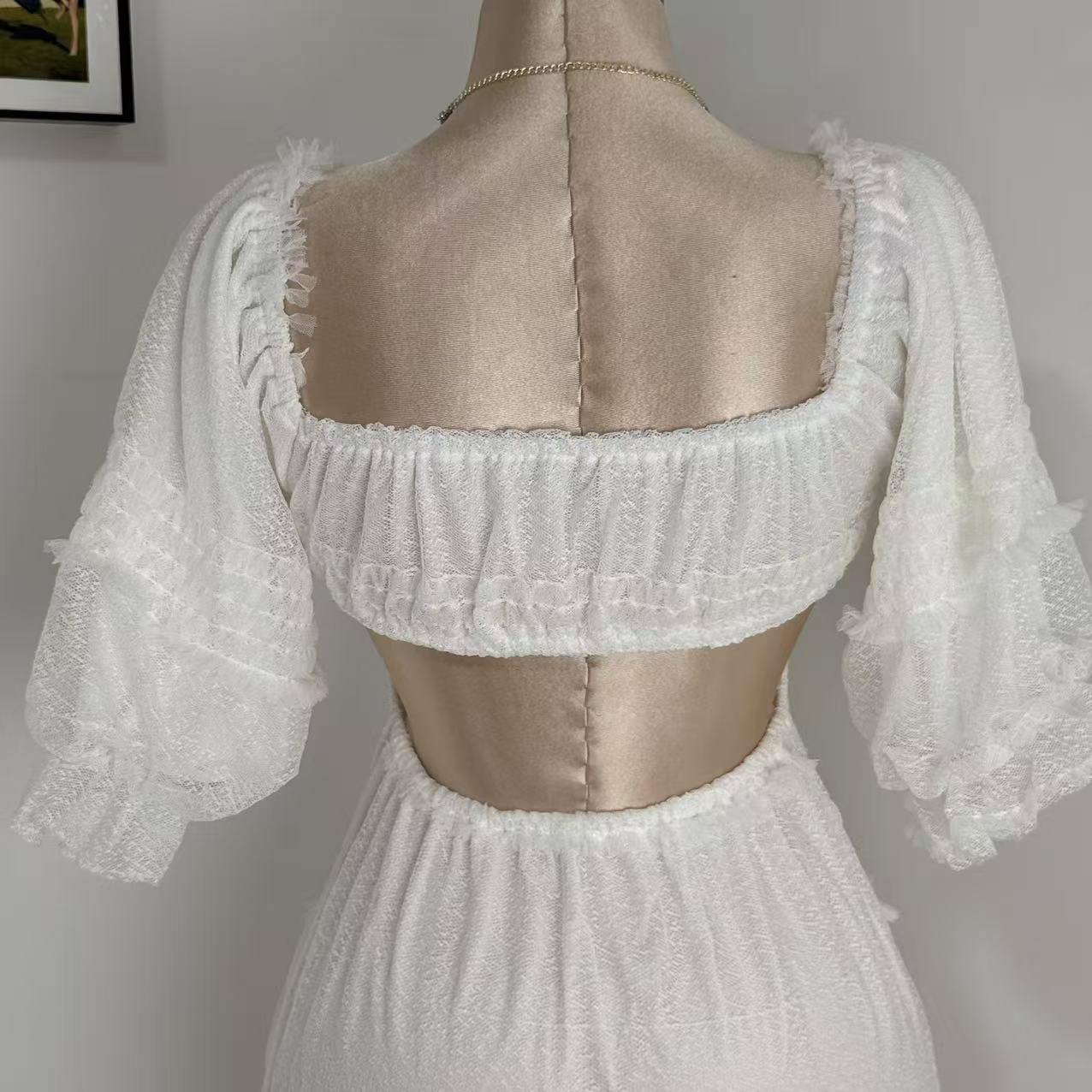 White Lantern Sleeve Suspender Dress