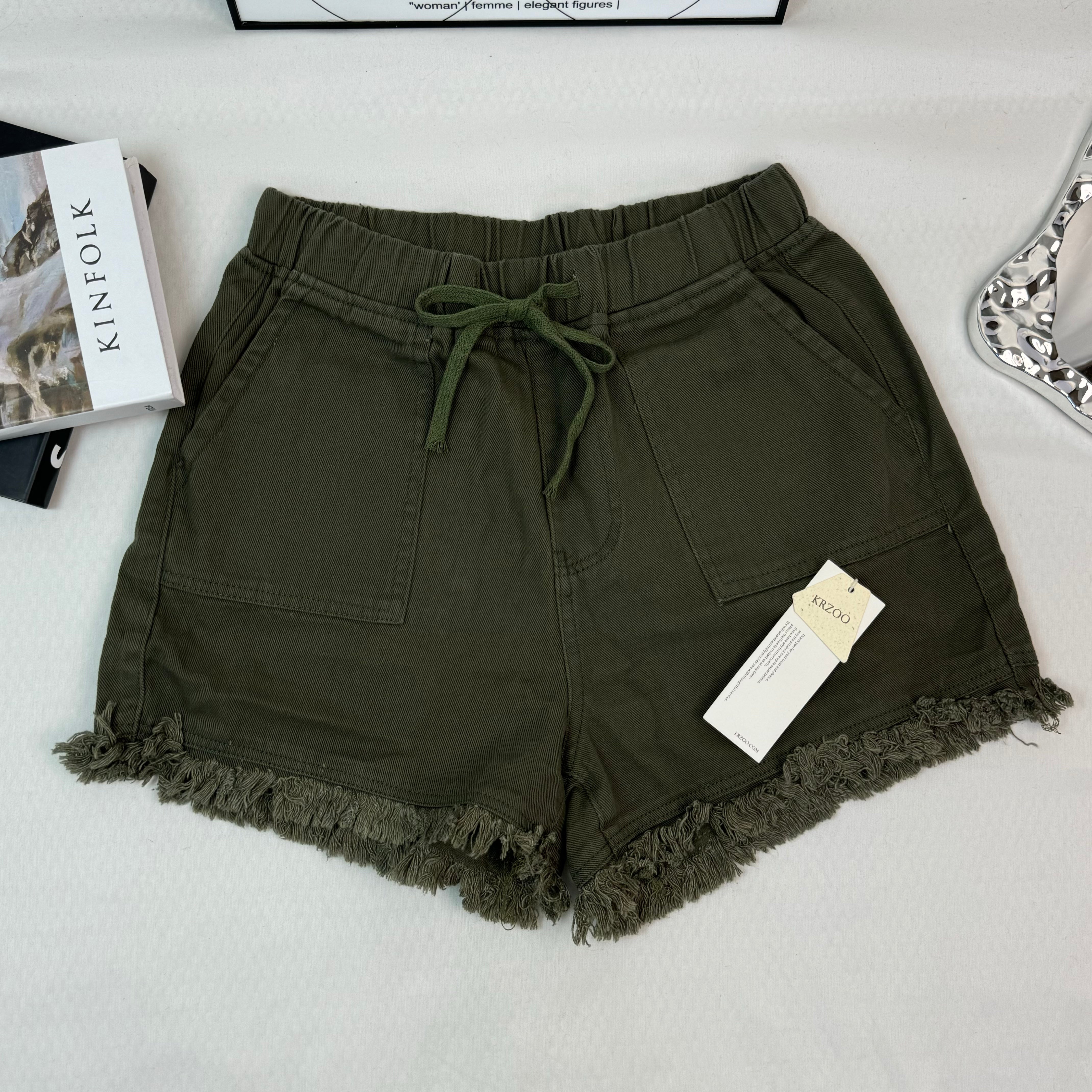 Stretch waistband drawstring denim shorts
