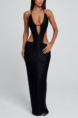 Halter Deep V Neck Cut Out Backless Ruched Maxi Dresses-Black Pre Order