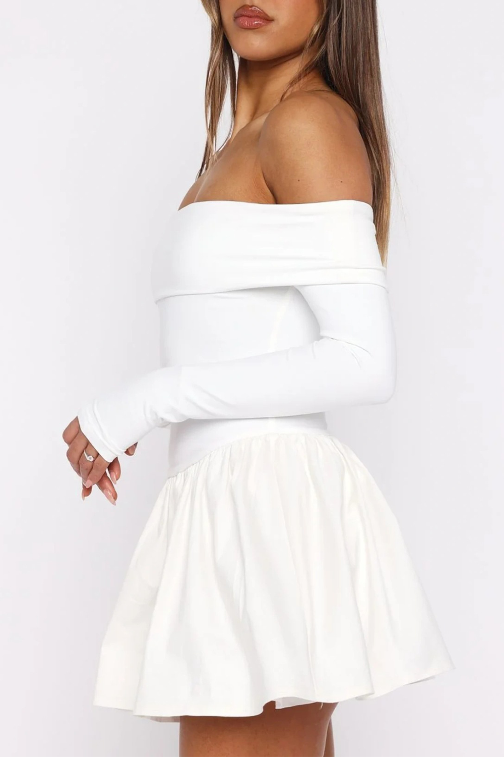 Off Shoulder Boat Neck Long Sleeve Cinch Waist Solid Color Mini Dresses-White
