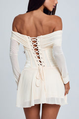 Off Shoulder Long Sleeve Cinch Waist Mesh Mini Dresses-White Pre Order