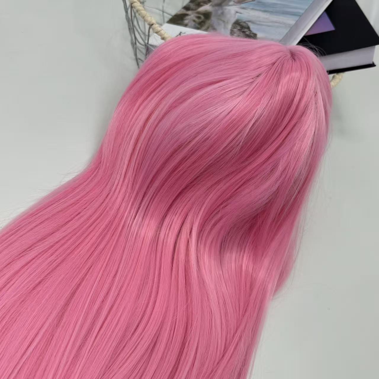 Pink long hair air-pressed fringe wig headgear
