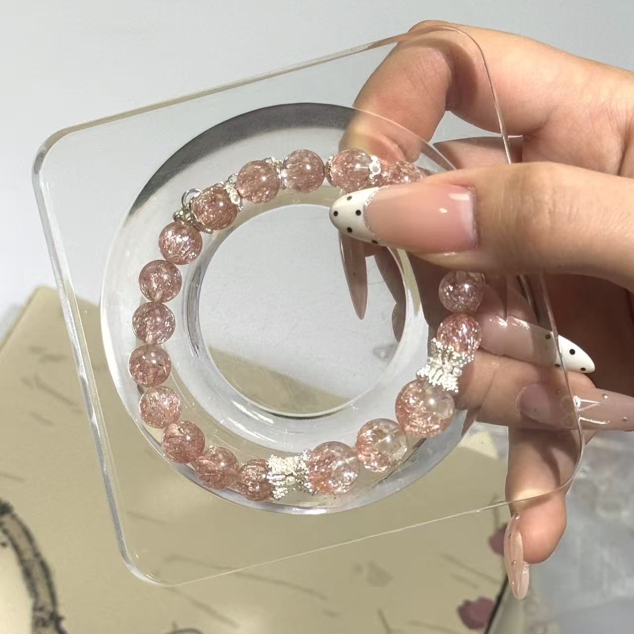 Pink Firework Quartz Beaded Bracelet，Aesthetic Handmade Crystal Bracelet Jewelry Gift