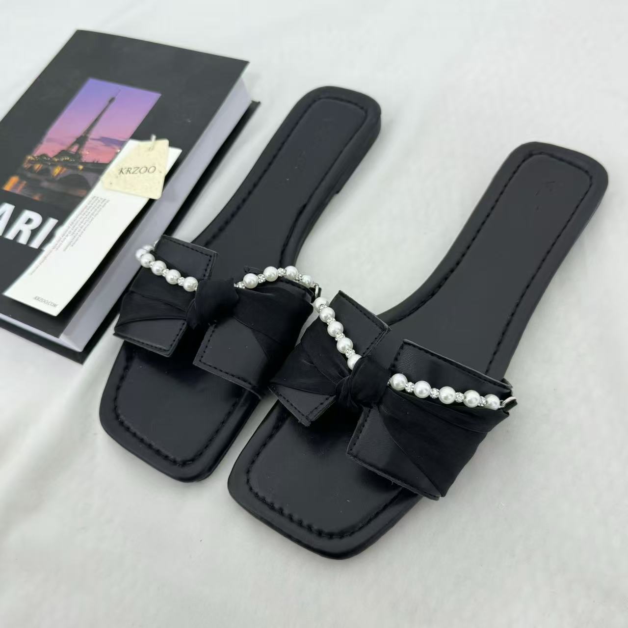 Black Bow-Detail Flat Slides