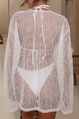 Knit Round Neck Long Sleeve Bikini Cover Ups Top White