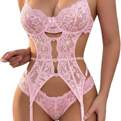 Women's Underwire Lingerie Set with Garter Belt Sexy Lace Bodysuit Cut Out Rhinestone Teddy Lingerie
