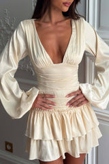 V Neck Bishop Sleeve Lace-Up Tiered Party Mini Dresses-Beige Pre Order