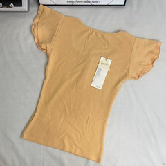 U-neck short puff-sleeved solid-color T-shirt