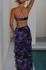 Leopard Print Ruffled Slit Halter Backless Maxi Dresses Purple