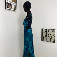 Sleeveless Boat Neck Printed Slit Dress