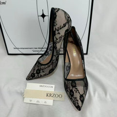 Pointed-Toe Mesh Cutout Lace Flats