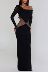 Asymmetric Cami Long Sleeve Fishnet Patchwork Maxi Dresses-Black Pre Order