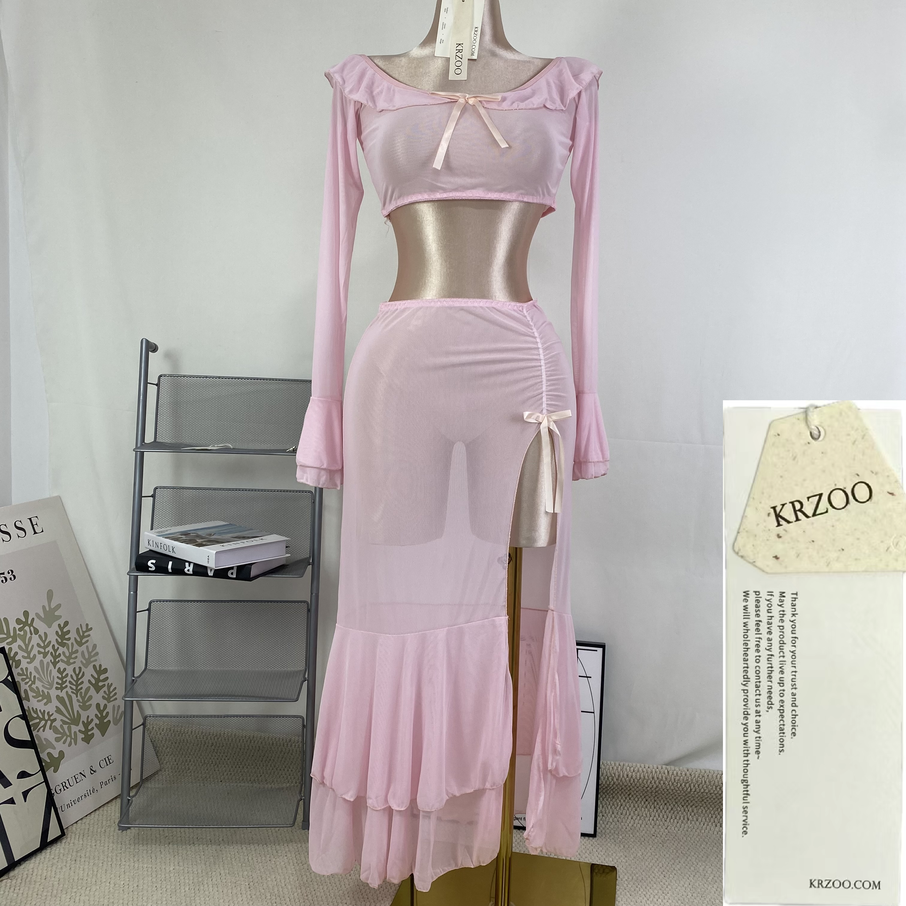 Net fabric high slit long dress set