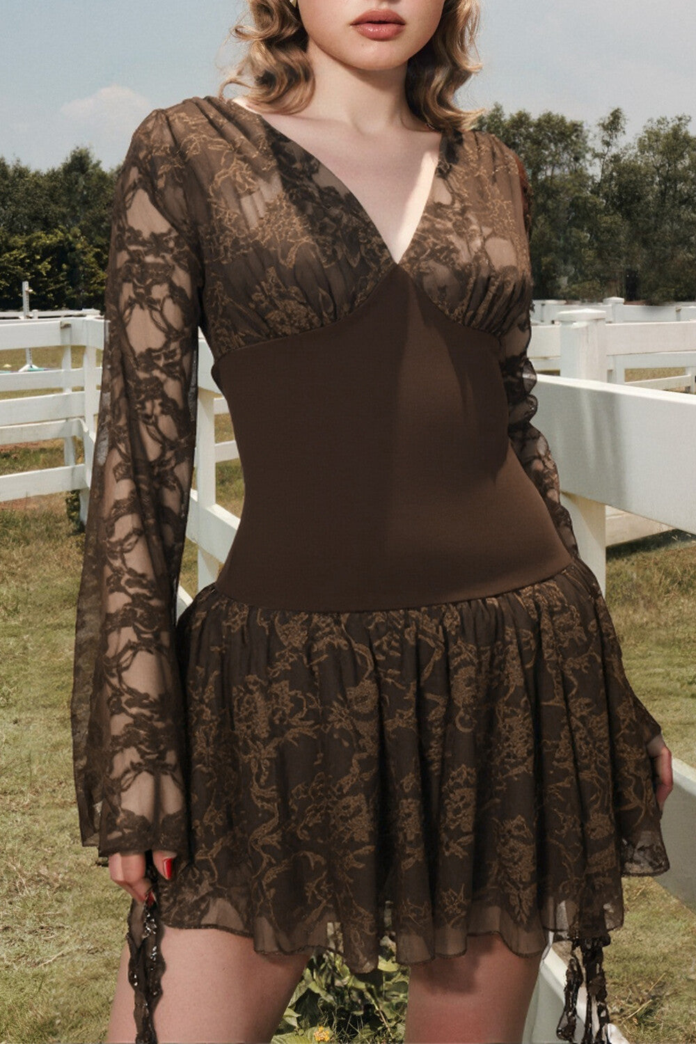 V Neck Cutout Long Sleeve Ruffled Sash Lace Patchwork Mini Dresses-Brown