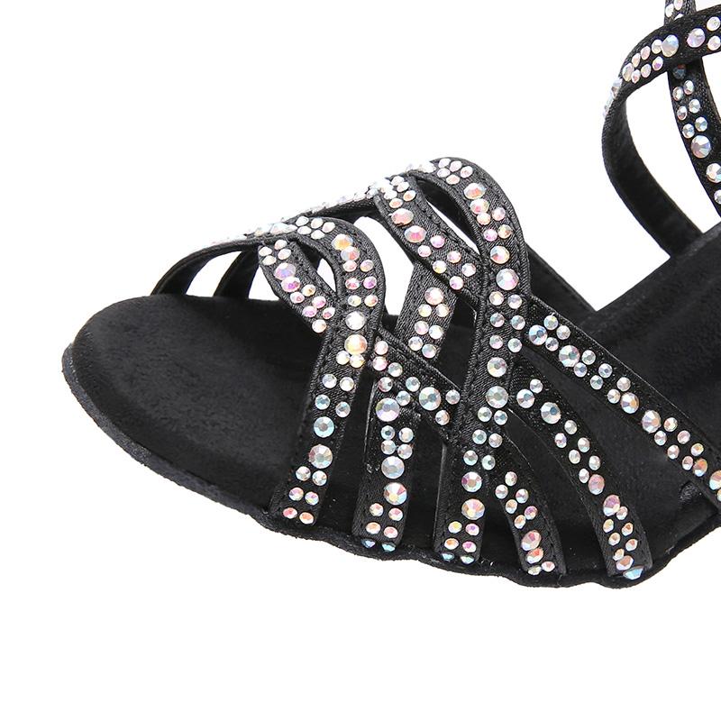 Women's Black Customized Heel Satin Rhinestones Strappy Dance Shoes