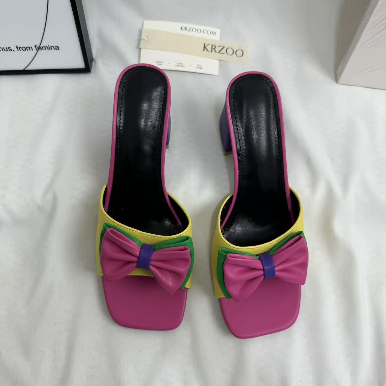 Square-Toe Mid-Heel Bow Slide Sandals