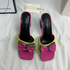 Square-Toe Mid-Heel Bow Slide Sandals