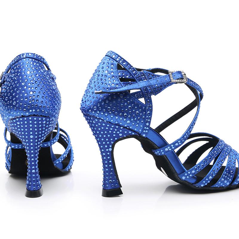 Women's Blue Customized Heel Strappy Dance Shoes With Crystals