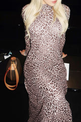 Leopard Print Long Sleeve Mock Neck Slim Fit Maxi Dresses-Brown