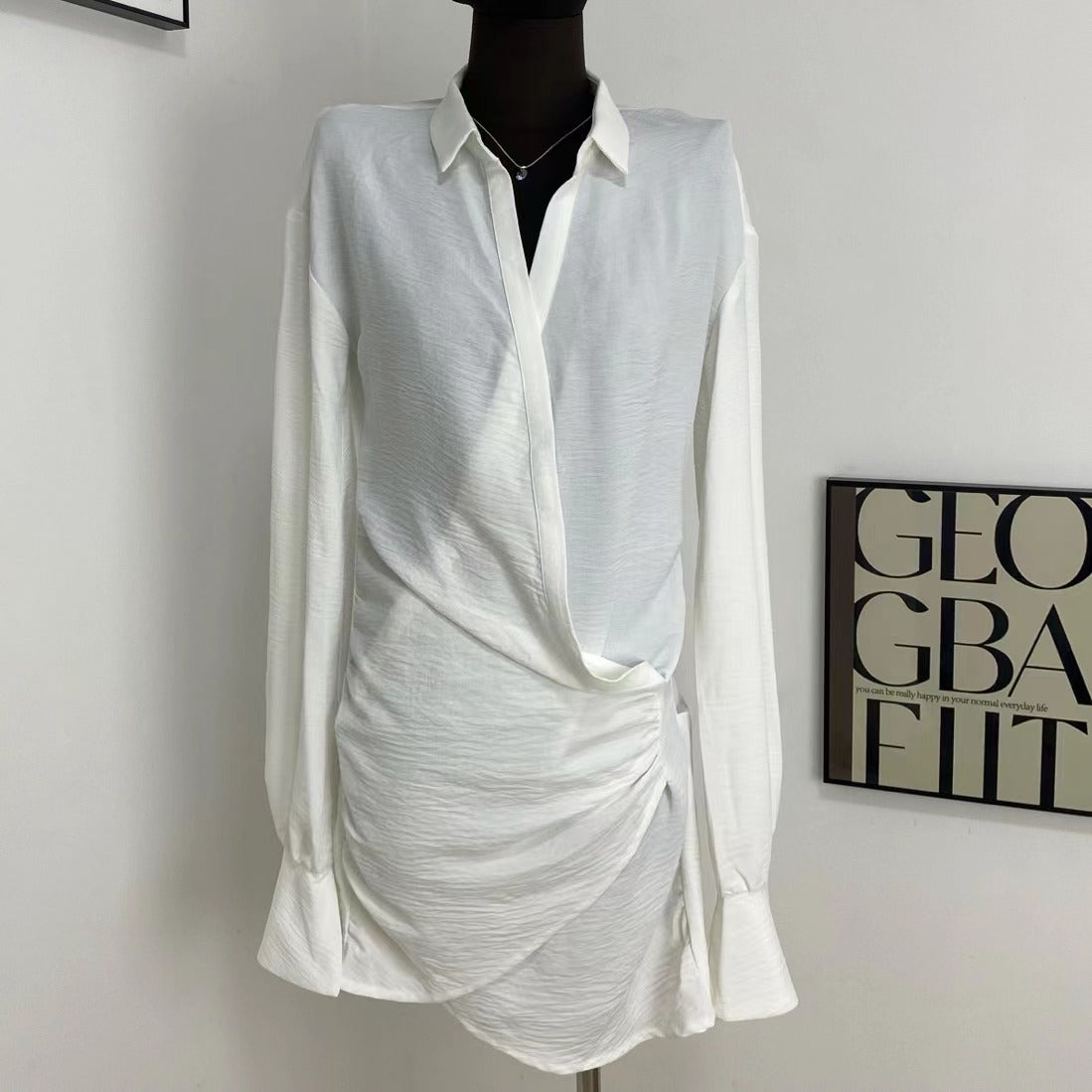 White Shirt And Deep V-Neck Dress