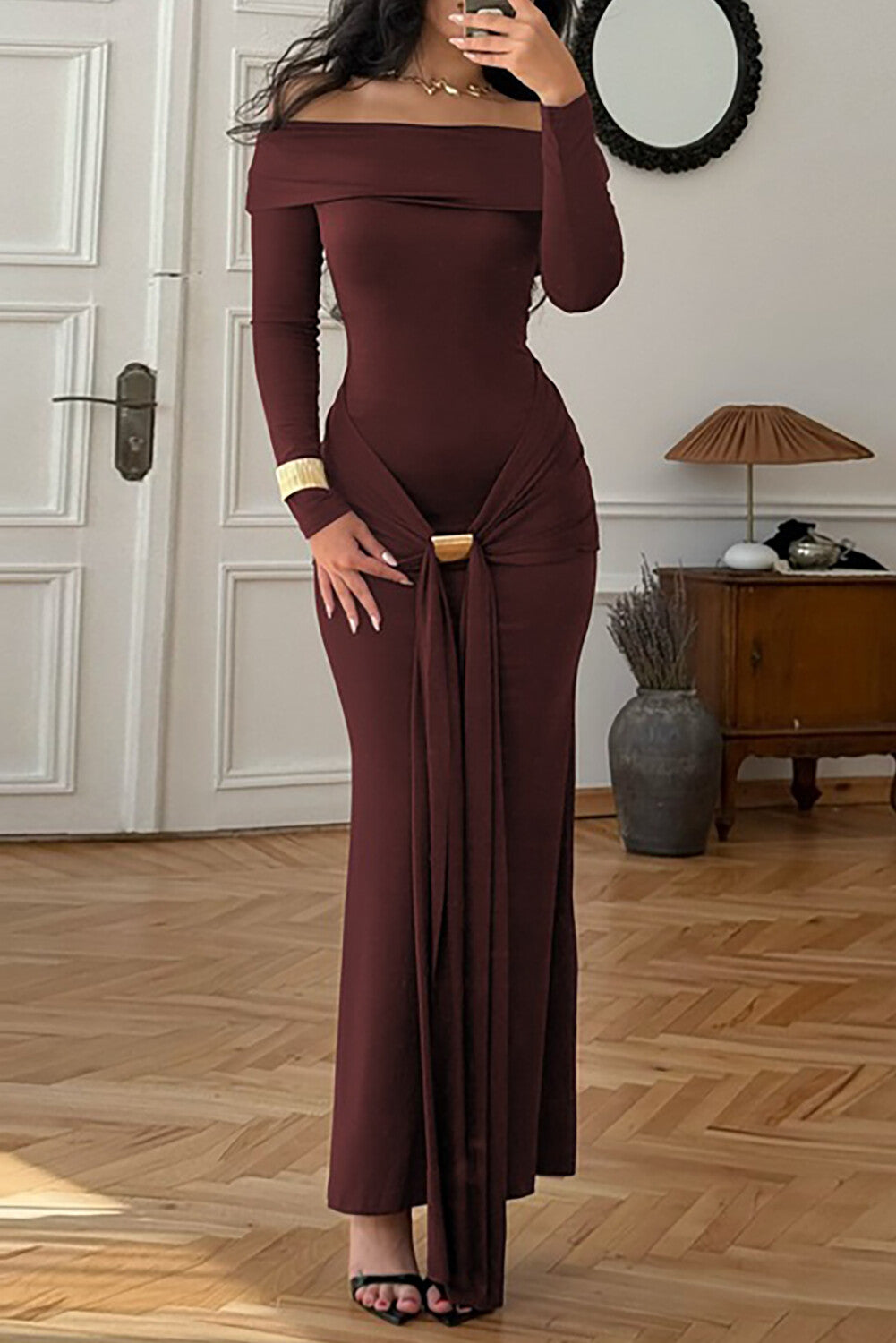 Boat Neck Long Sleeve Ruched Streamer Solid Color Maxi Dresses-ReddishBrown