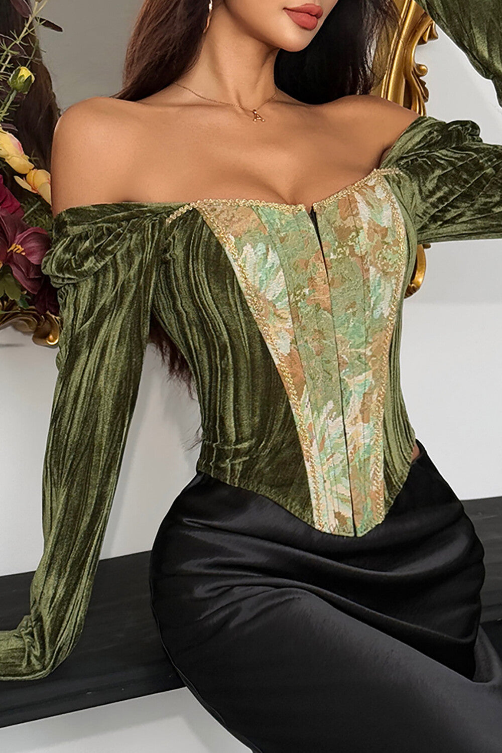 Floral Pattern Patchwork Velvet Long Sleeve Corset-Green