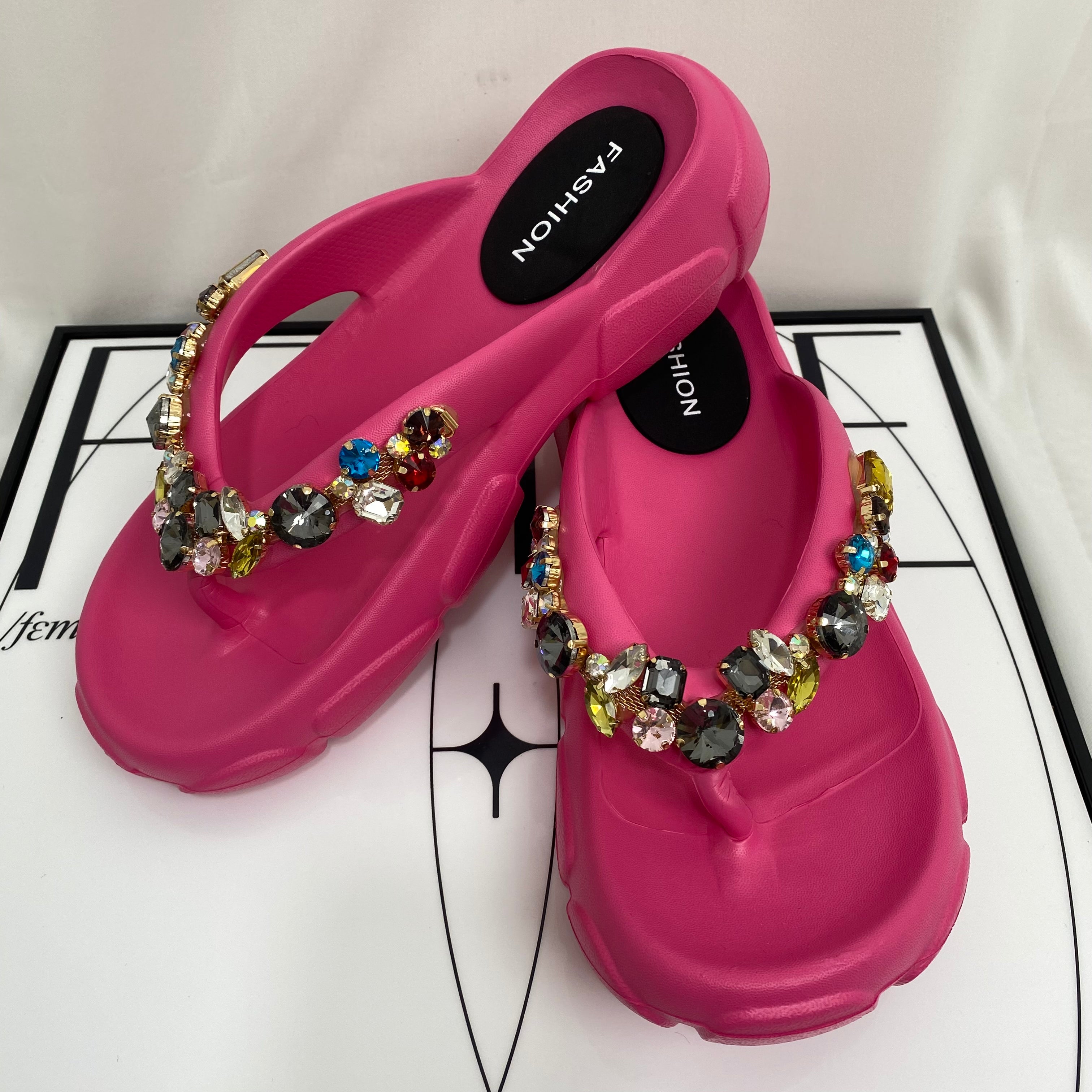 Thick-Soled Rhinestone Flip-Flops