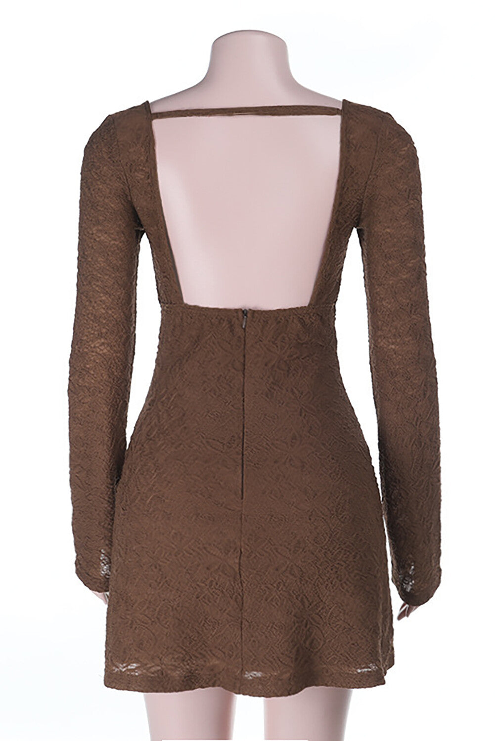 Irregular Neckline Long Sleeve Jacquard Lace Backless Mini Dresses-Brown