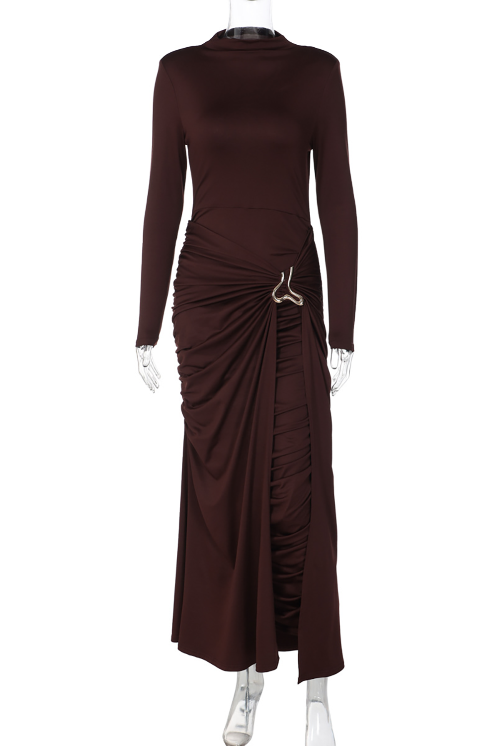 Metal Decor Ruched Slim Fit Solid Color Long Sleeve Maxi Dresses-Brown