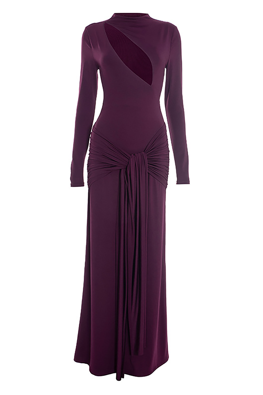 Cutout Round Neck Long Sleeve Ruched Long Streamer Slim Fit Maxi Dresses-Purple