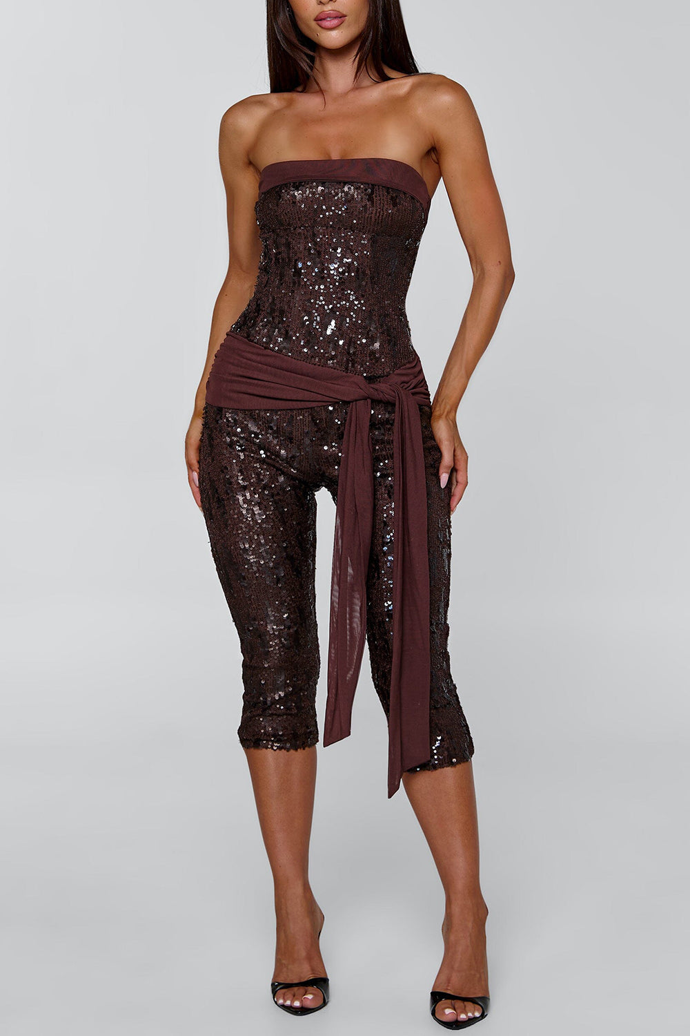 Sequin Strapless Neckline Party Bodycon Crop Jumpsuit-Brown Pre Order