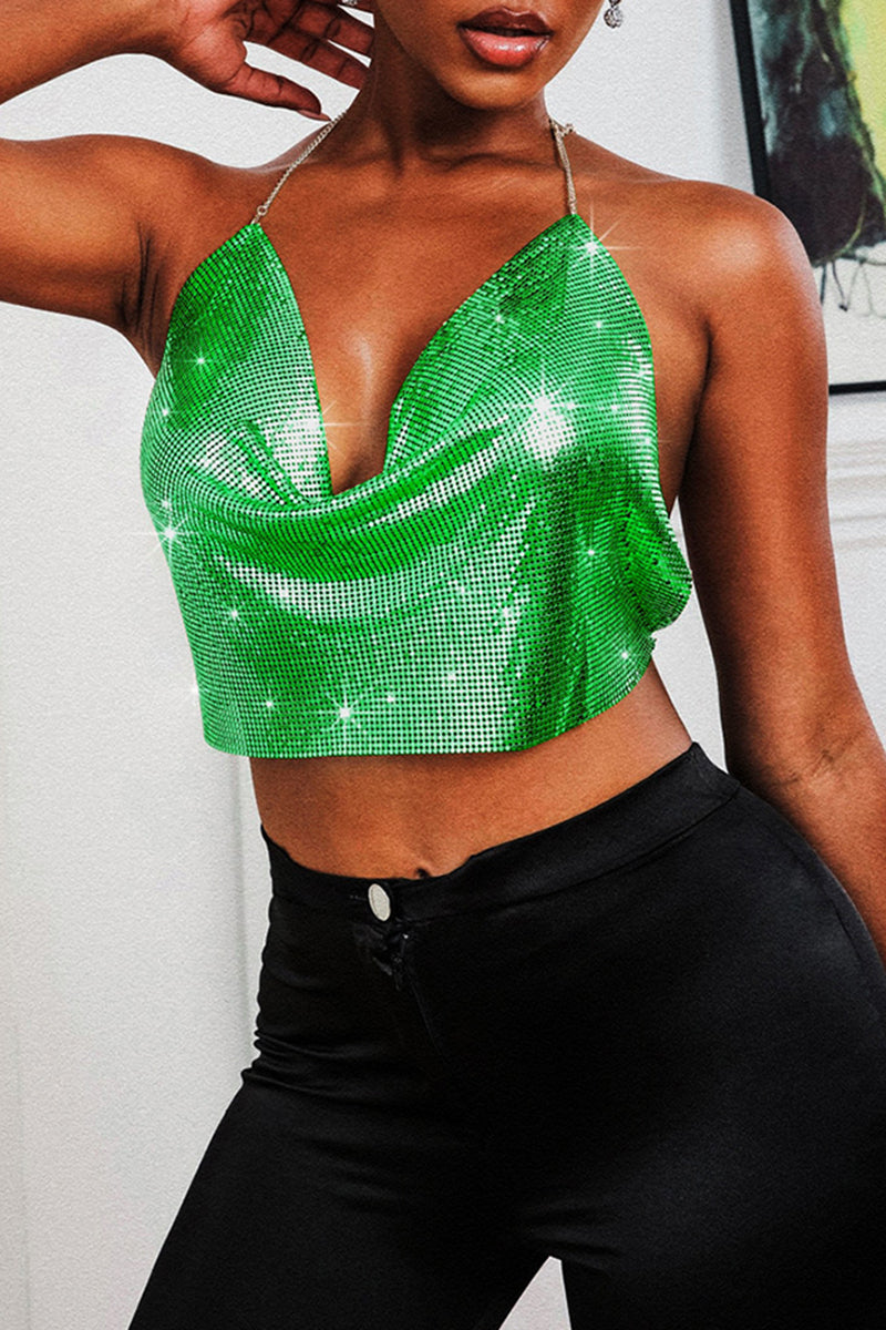 Cowl Neckline Sequin Party Shimmery Halter Crop Top Gold