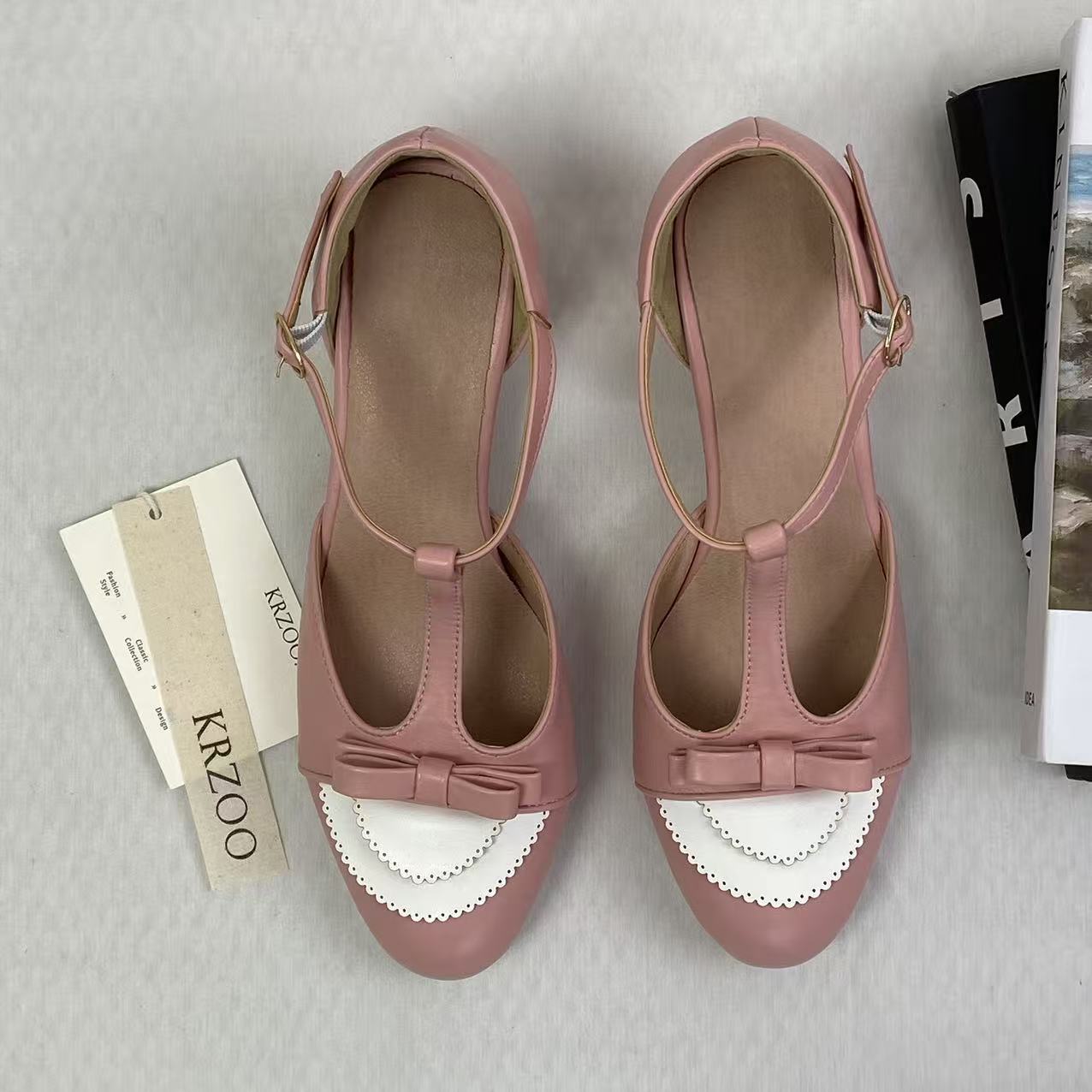 T-shaped buckle mid-calf shoes