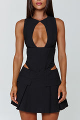 Sleeveless Keyhole Neck Cutout Pleated Party Mini Dresses-Black Pre Order