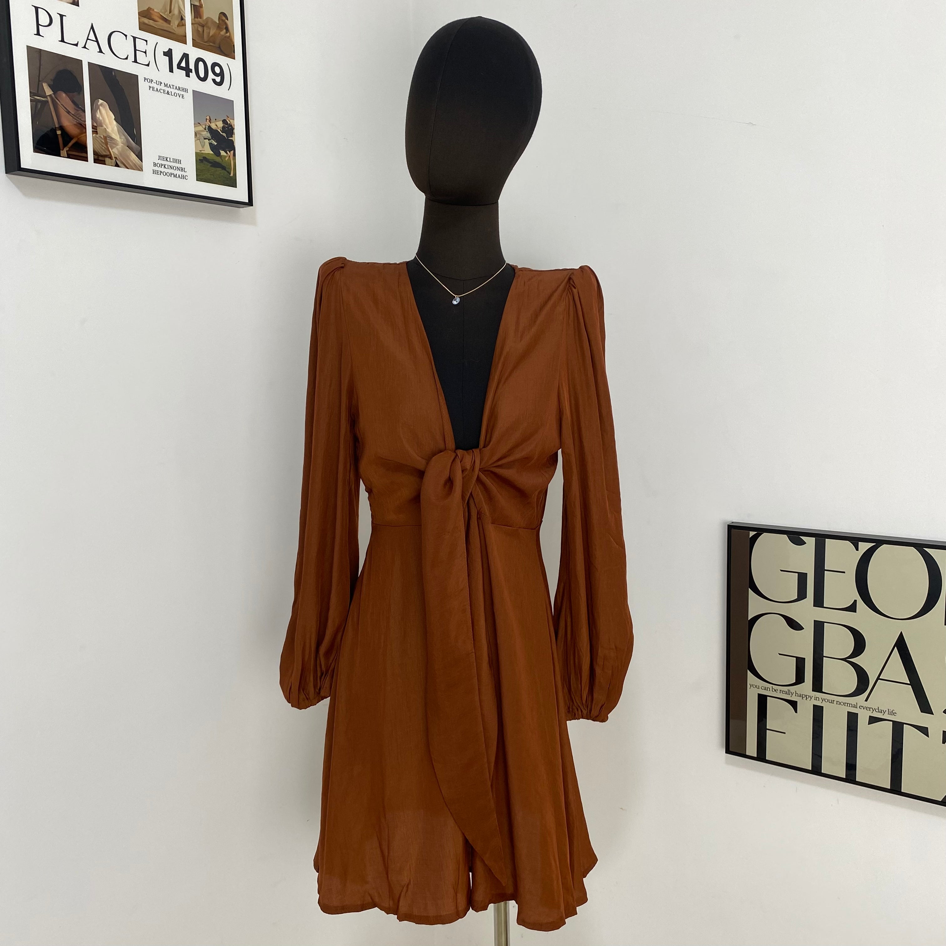 Lantern Sleeve V-Neck Tie Dress